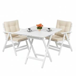 Antalya Ahşap Masa Sandalye Takımı Beyaz - 2 Kişilik Düğme Minderli Katlanır Bahçe Balkon Set