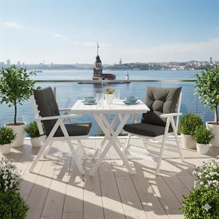 Antalya Ahşap Masa Sandalye Takımı Beyaz - 2 Kişilik Düğme Minderli Katlanır Bahçe Balkon Set