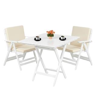 Antalya Ahşap Masa Sandalye Takımı Beyaz - 2 Kişilik Düz Minderli Katlanır Bahçe Balkon Set