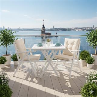 Antalya Ahşap Masa Sandalye Takımı Beyaz - 2 Kişilik Düğme Minderli Katlanır Bahçe Balkon Set