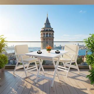 Antalya Ahşap Masa Sandalye Takımı Beyaz - 2 Kişilik Düz Minderli Katlanır Bahçe Balkon Set