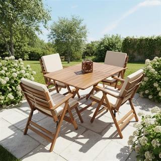 Antalya Ahşap Masa Sandalye Takımları Beyaz -4 Kişilik Düz Minderli Katlanır Bahçe Balkon Set