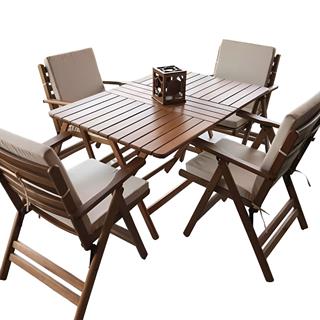 Antalya Ahşap Masa Sandalye Takımları - 4 & 6 Kişilik Düz Minderli Katlanır Bahçe Balkon Set