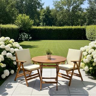 Antalya Ahşap Masa Sandalye Takımları -2 Kişilik Düz Minderli Katlanır Bahçe Balkon Yuvarlak Set