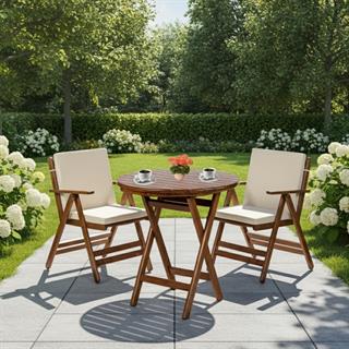 Antalya Ahşap Masa Sandalye Takımları -2 Kişilik Düz Minderli Katlanır Bahçe Balkon Yuvarlak Set