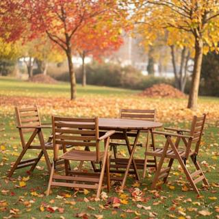 Antalya Katlanır Ahşap Masa Sandalye Takımları - 4 Kişilik Yuvarlak Bahçe Balkon Set