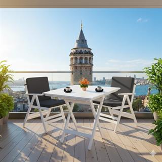 Antalya Kolçaklı Katlanır Sandalye Düz Minderli Beyaz - Ahşap Bahçe Balkon Sandalyesi  (London Chair - White)