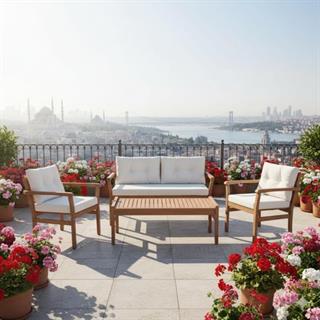 Bodrum Ahşap Bahçe Balkon Oturma Grubu - 4 Kişilik Koltuk Takımı