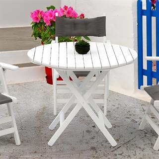 Datça Yuvarlak Ahşap Masa - Beyaz Renk, Katlanır Yapı - Balkon & Bahçe Masası