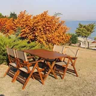 Fethiye Ahşap Masa Sandalye Takımları -4 Kişilik Katlanır Bahçe Balkon Set, PVCli