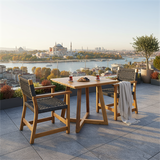 Gökçeada Ahşap Bahçe Takımı: Kare Masa + 2 Sandalye Set, Masif Kestane