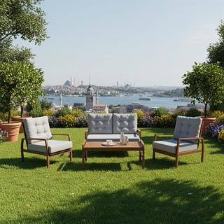 Gümbet Ahşap Bahçe Balkon Oturma Grubu - 4 Kişilik Koltuk Takımı, Minderli