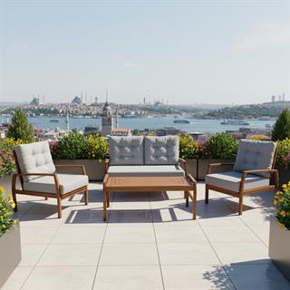 Gümbet Ahşap Bahçe Balkon Oturma Grubu - 4 Kişilik Koltuk Takımı, Minderli