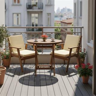 Heybeli Ahşap Masa Sandalye Takımları -2 Kişilik Bahçe Balkon Yuvarlak Set, Düz Minderli