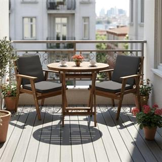 Heybeli Ahşap Masa Sandalye Takımları -2 Kişilik Bahçe Balkon Yuvarlak Set, Düz Minderli