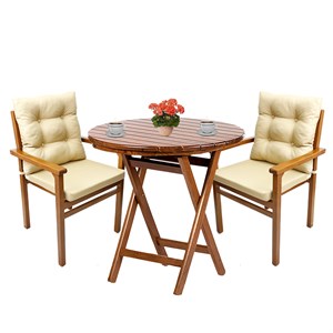 Manavgat Ahşap Masa Sandalye Takımları -2 Kişilik Bahçe Balkon Yuvarlak Set, Minderli