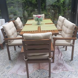 Manavgat Ahşap Masa Sandalye Takımları -6 Kişilik Bahçe Balkon Set, Minderli