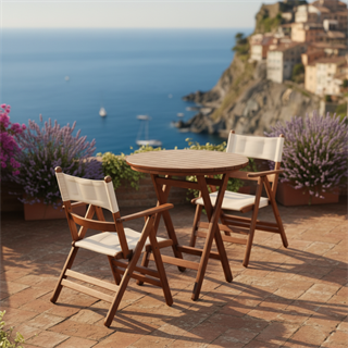 Marmaris Ahşap Masa Sandalye Takımları -3 Kişilik Katlanır Bahçe Balkon Yuvarlak Set, Minderli
