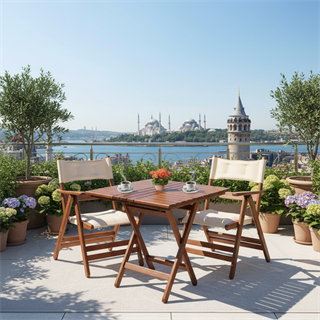 Marmaris Ahşap Masa Sandalye Takımları -2 Kişilik Katlanır Bahçe Balkon Set, Minderli