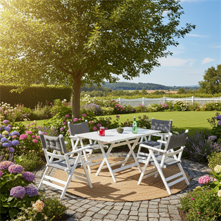 Marmaris Ahşap Masa Sandalye Takımları -4 Kişilik Katlanır Bahçe Balkon Set, Minderli, Beyaz