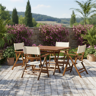 Marmaris Ahşap Masa Sandalye Takımları -4 Kişilik Katlanır Bahçe Balkon Set, PVCli