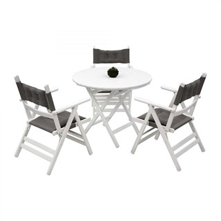 Marmaris Ahşap Masa Sandalye Takımları -3 Kişilik Katlanır Bahçe Balkon Yuvarlak Set, Minderli, Beyaz
