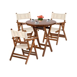 Marmaris Ahşap Masa Sandalye Takımları -3 Kişilik Katlanır Bahçe Balkon Yuvarlak Set, Minderli