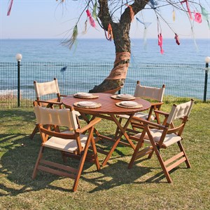 Marmaris Ahşap Masa Sandalye Takımları -4 Kişilik Katlanır Bahçe Balkon Yuvarlak Set, Minderli