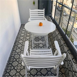 Ürgüp Ahşap Masa Sandalye Takımları -2 Kişilik Katlanır Bahçe Balkon Yuvarlak Set, Beyaz