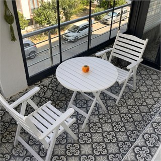 Ürgüp Ahşap Masa Sandalye Takımları -2 Kişilik Katlanır Bahçe Balkon Yuvarlak Set, Beyaz