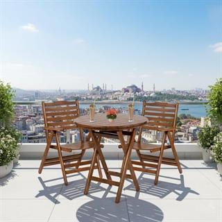 Ürgüp Ahşap Masa Sandalye Takımları -2 Kişilik Katlanır Bahçe Balkon Yuvarlak Set
