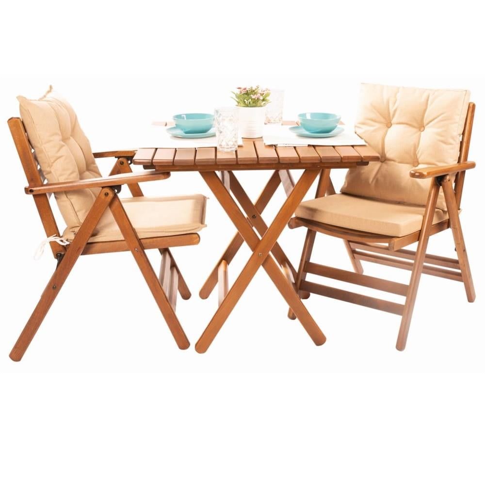 Antalya Ahşap Bahçe Balkon Takımı: 60x60 Masa + 2 Minderli Sandalye Set