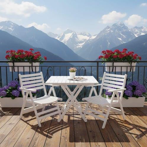 Antalya Ahşap Masa Sandalye Takımı Beyaz - 2 Kişilik Katlanır Bahçe Balkon Set