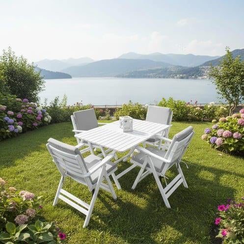 Antalya Ahşap Masa Sandalye Takımları Beyaz -4 Kişilik Düz Minderli Katlanır Bahçe Balkon Set