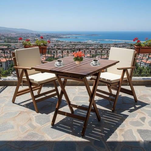 Antalya Ahşap Masa Sandalye Takımları - 2 Kişilik Düz Minderli Katlanır Bahçe Balkon Set