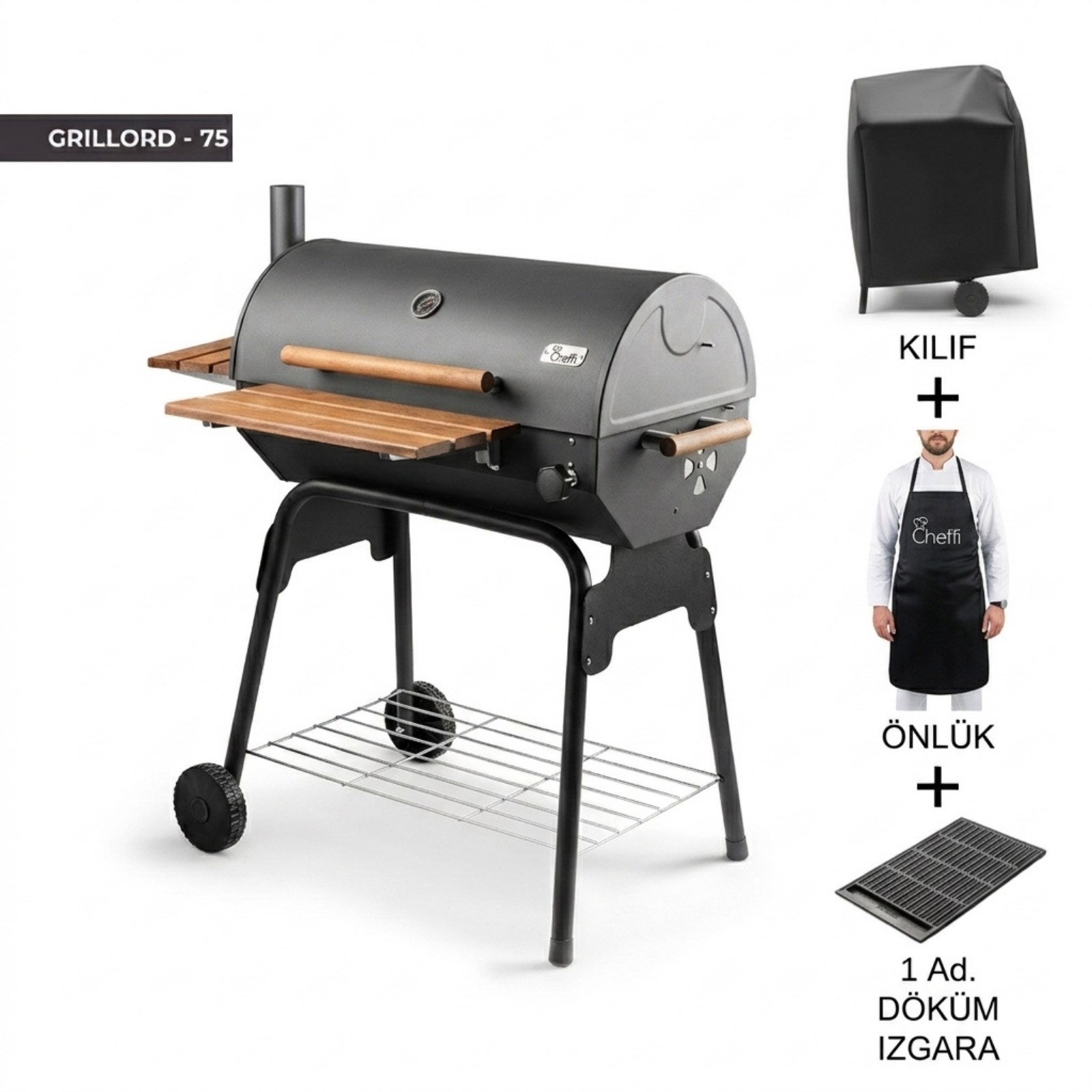 Cheffi Grillord-75 Kömürlü Barbekü Mangal (DÖKÜM IZGARA, ÖNLÜK VE KILIF HEDİYELİ)