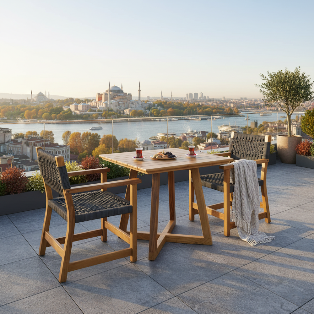Gökçeada Ahşap Bahçe Takımı: Kare Masa + 2 Sandalye Set, Masif Kestane