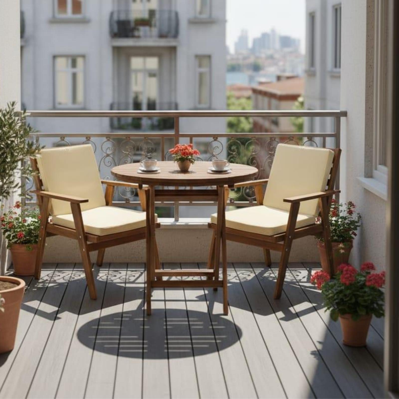 Heybeli Ahşap Masa Sandalye Takımları -2 Kişilik Bahçe Balkon Yuvarlak Set, Düz Minderli