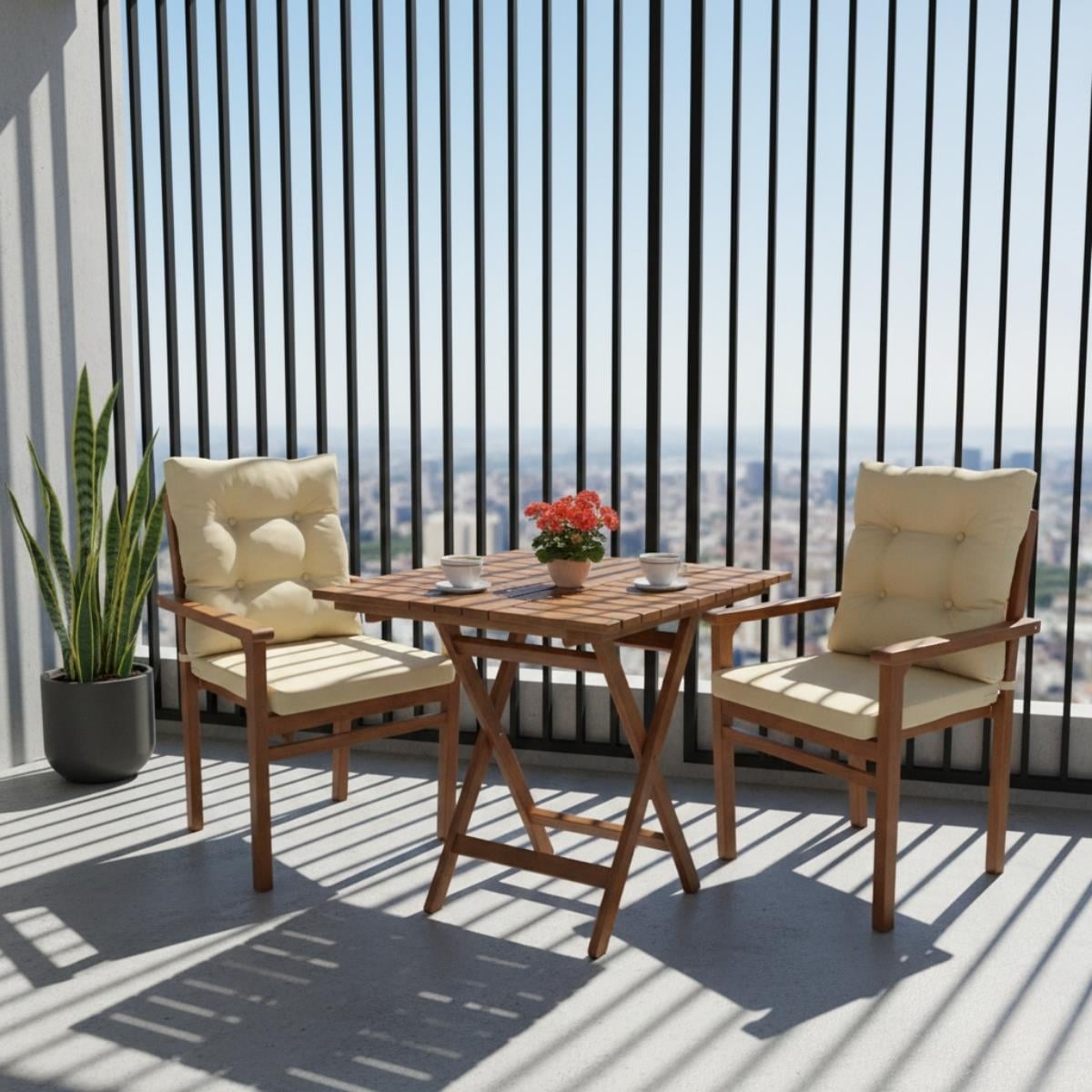 Manavgat Ahşap Masa Sandalye Takımları -2 Kişilik Bahçe Balkon Set, Minderli