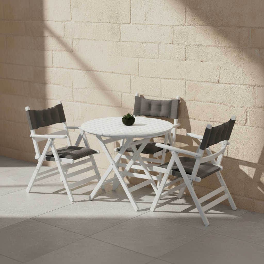 Marmaris Ahşap Masa Sandalye Takımları -3 Kişilik Katlanır Bahçe Balkon Yuvarlak Set, Minderli, Beyaz