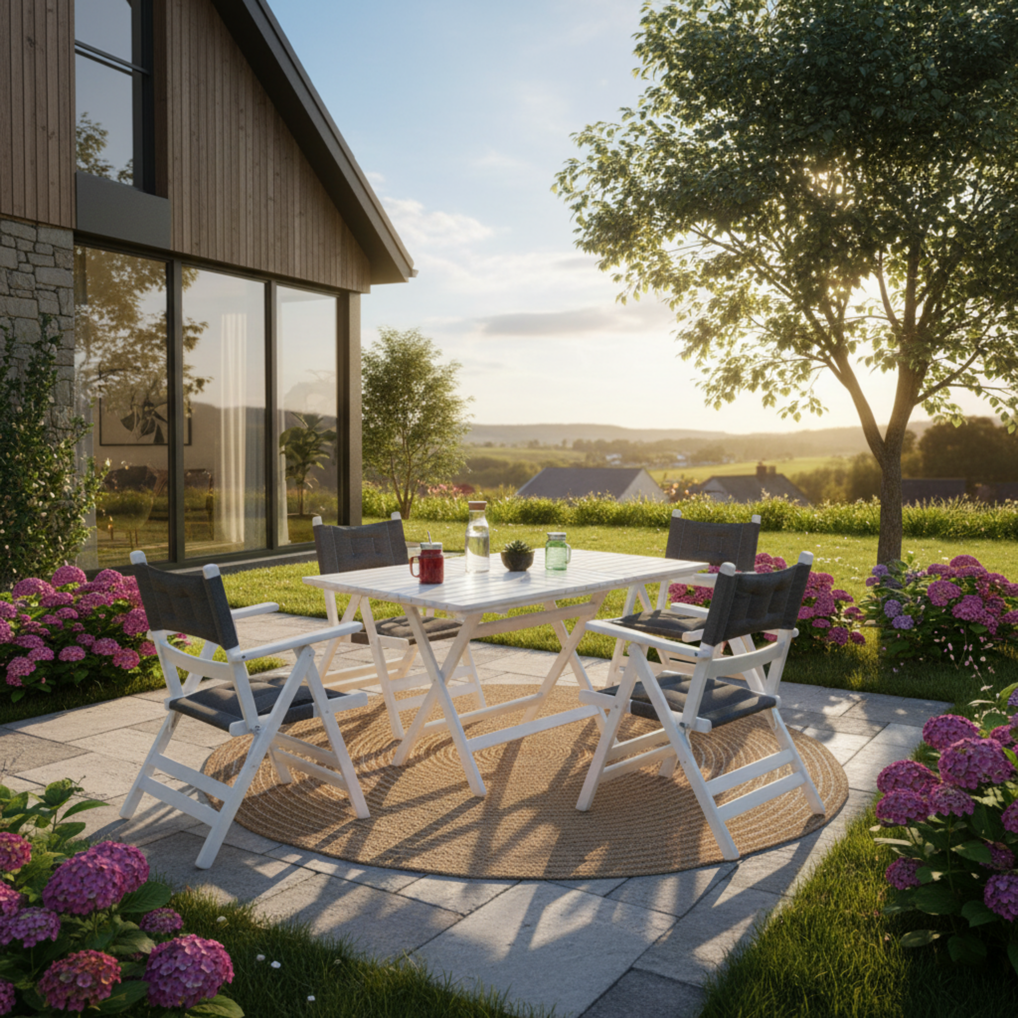 Marmaris Ahşap Masa Sandalye Takımları -4 Kişilik Katlanır Bahçe Balkon Set, Minderli, Beyaz