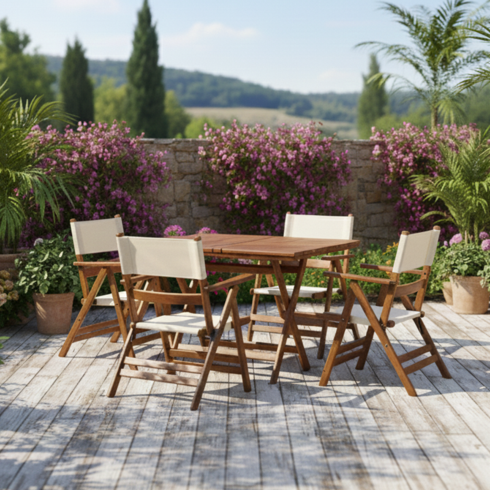 Marmaris Ahşap Masa Sandalye Takımları -4 Kişilik Katlanır Bahçe Balkon Set, PVCli