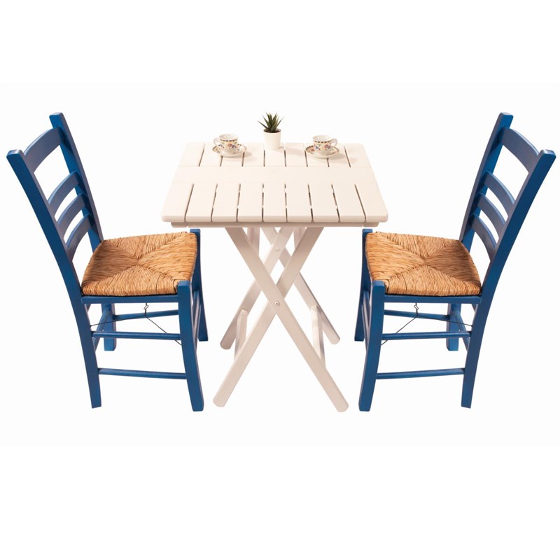 Riva Ahşap Masa Sandalye Takımları -2 Kişilik Bahçe Balkon Mavi Beyaz Set
