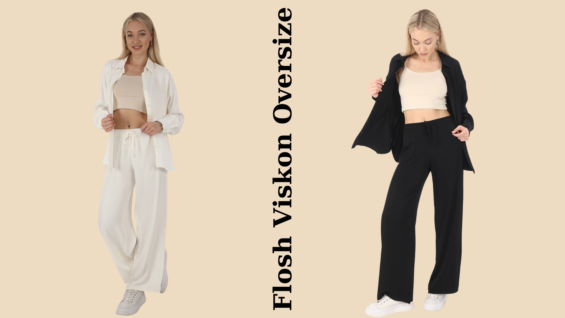 Flosh viskon oversize takım, şıklık ve rahatlığın mükemmel birleşimi, siyah ve krem renk seçenekleriyle