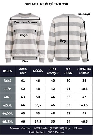 Kadın Bisiklet Yaka Sweatshirt Normal Kalıp Uzun Kollu-Gri Çizgili
