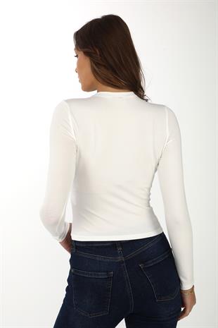Likralı Pamuk Crop Tişört-Slim Fit -Krem