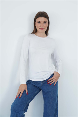 Kadın Zarif İnce Gösteren Viskon Tişört-Beyaz