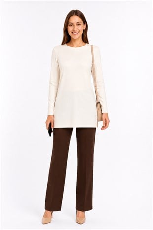 Premium Viskon Uzun Tunik-Krem