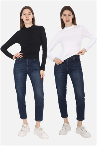 Dik Yaka Penye Tişört 2li Satış-Siyah-Beyaz