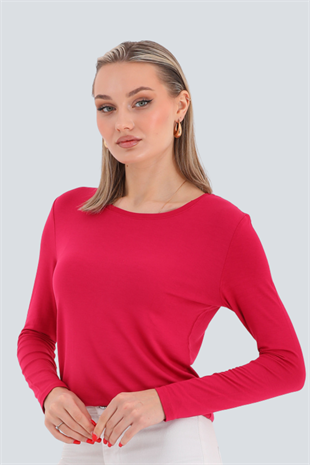 Kadın Zarif İnce Gösteren Viskon Tişört-fuşya purple